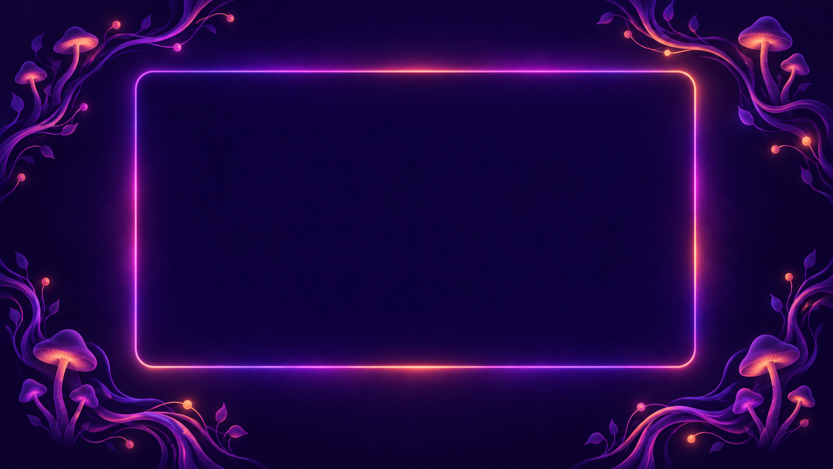 Minimal psychedelic mushroom chapter-marker background with a large clear center framed in Sabrina's purple, violet, pink and orange brand colors