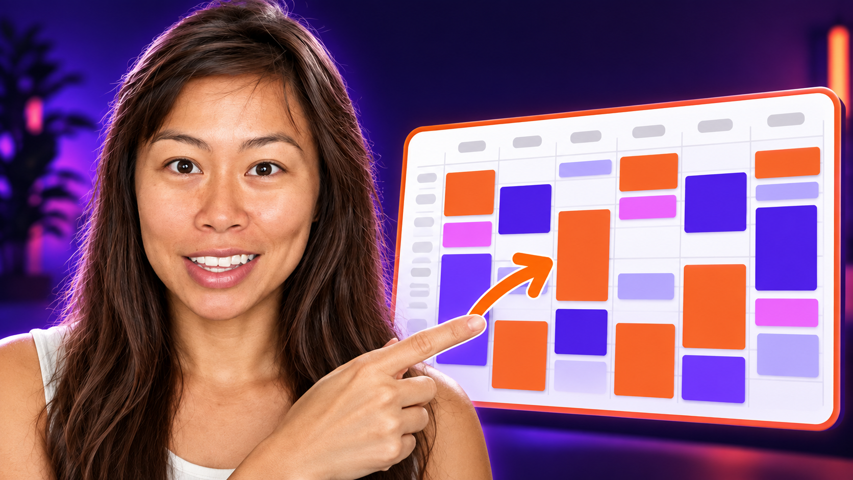 Approved YouTube thumbnail reference showing Sabrina pointing to a colorful content calendar